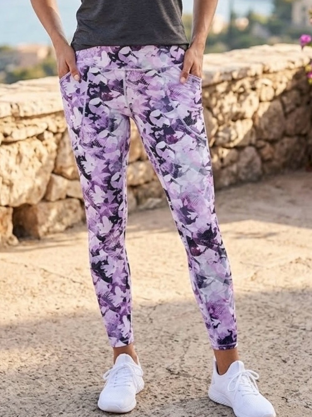 Duluth Trading Co Pink Purple NoGa Floral-Print Leggings Medium Yoga Athletic